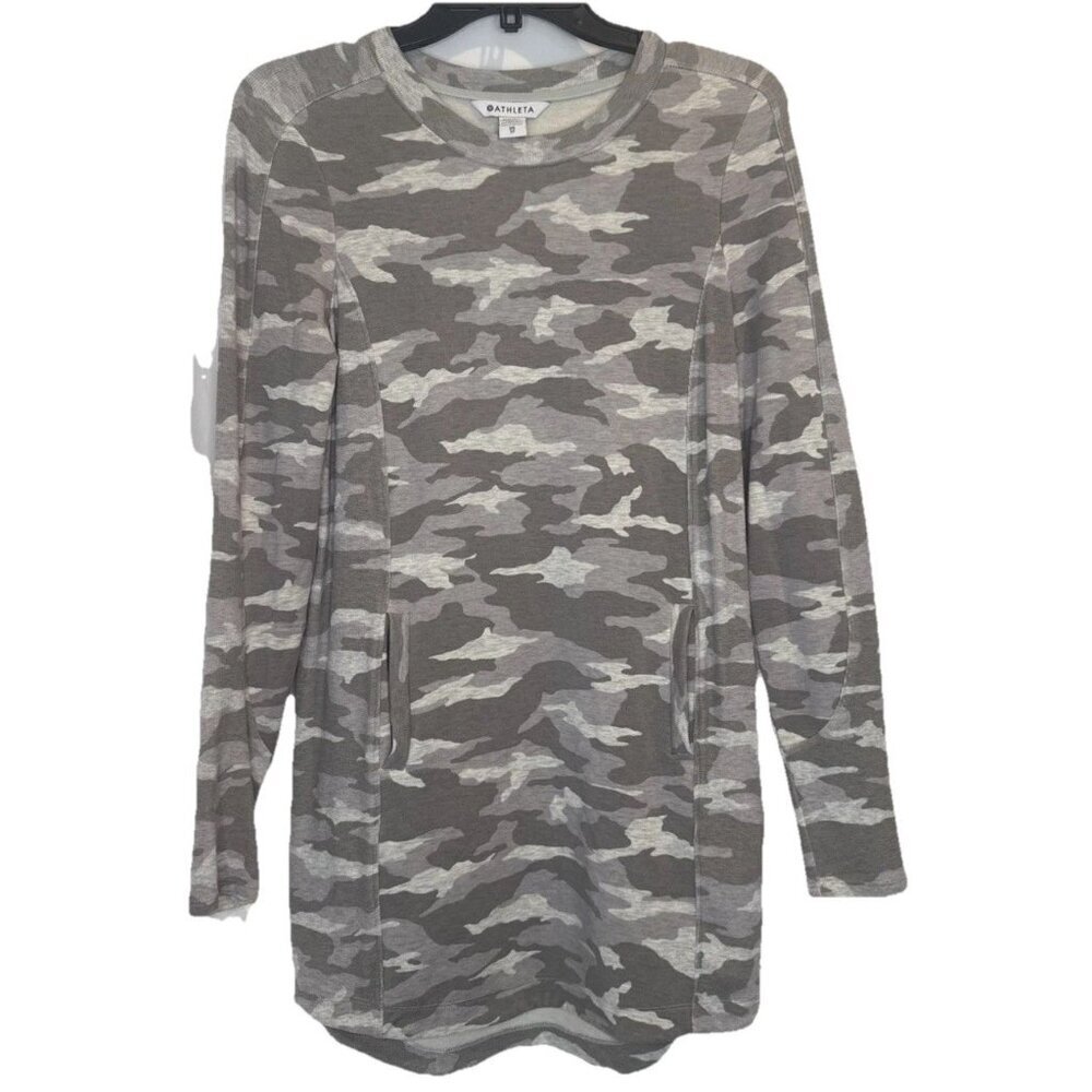 Athleta Womens Gray Camo Long Sleeve Sweatshirt Dress Lux Athleisure Travel XS